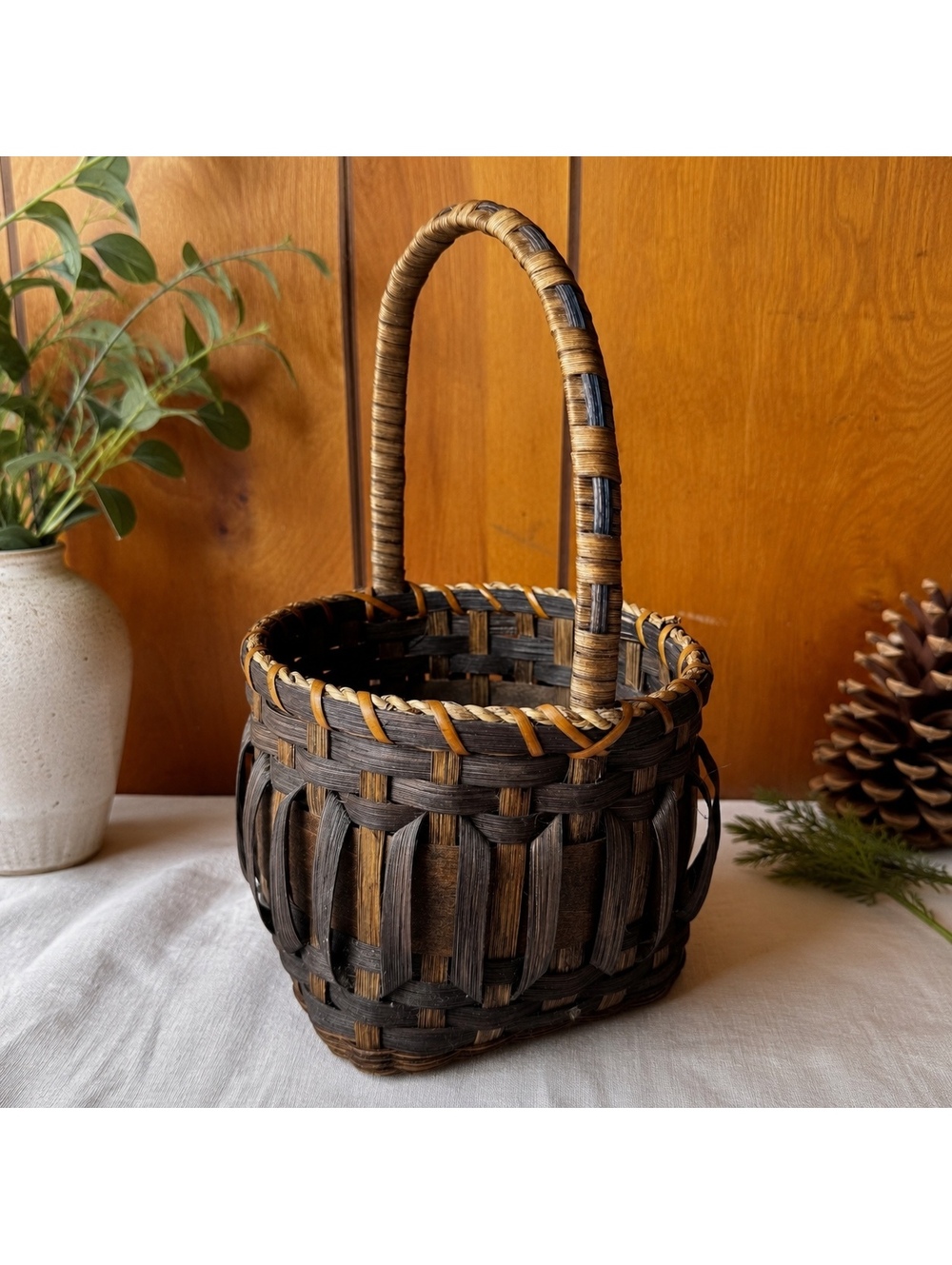 Handmade woven basket with tall handle 11.5 inch rustic farmhouse decor 87